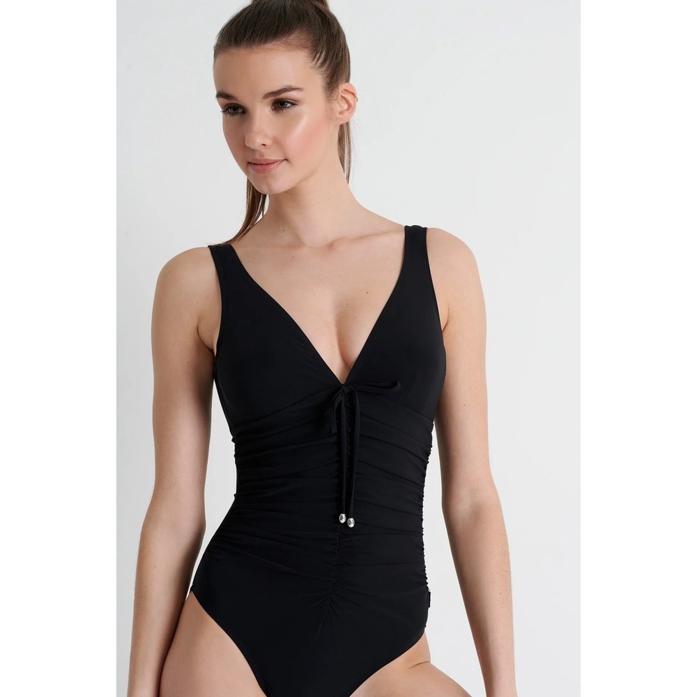 SHAN‎ Classique One Piece Swimsuit Black Ruched V-Neck Size 10